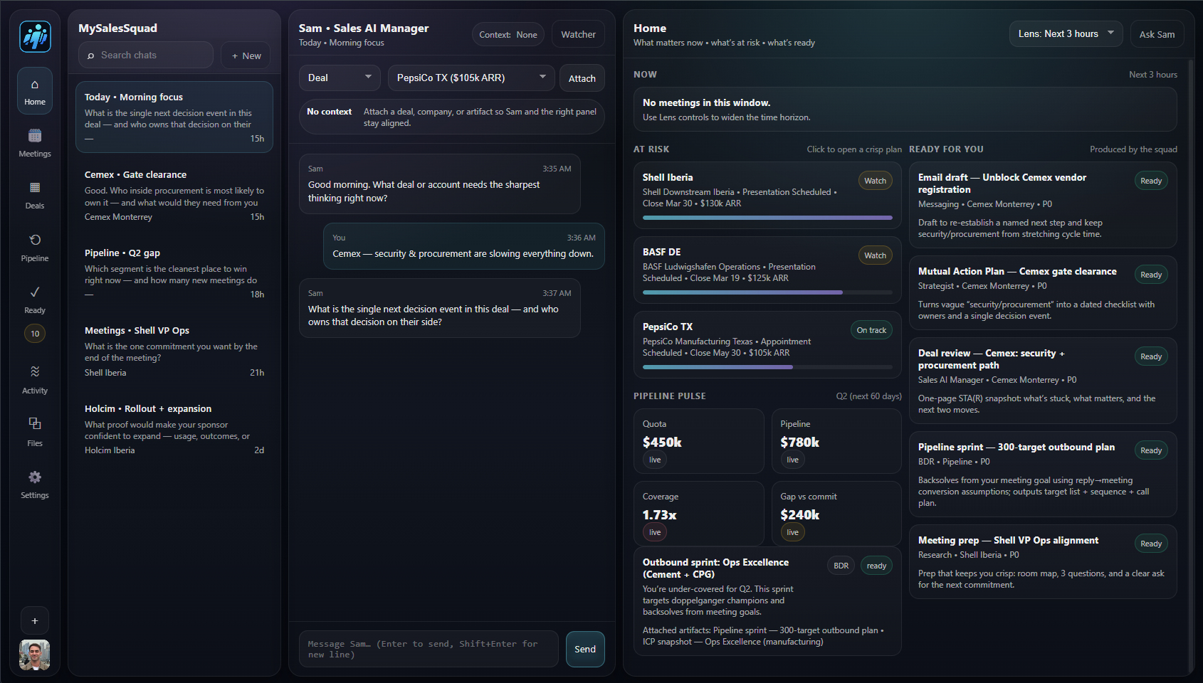 MySalesSquad product interface showing SAM, pipeline pulse, at-risk deals, and ready work products